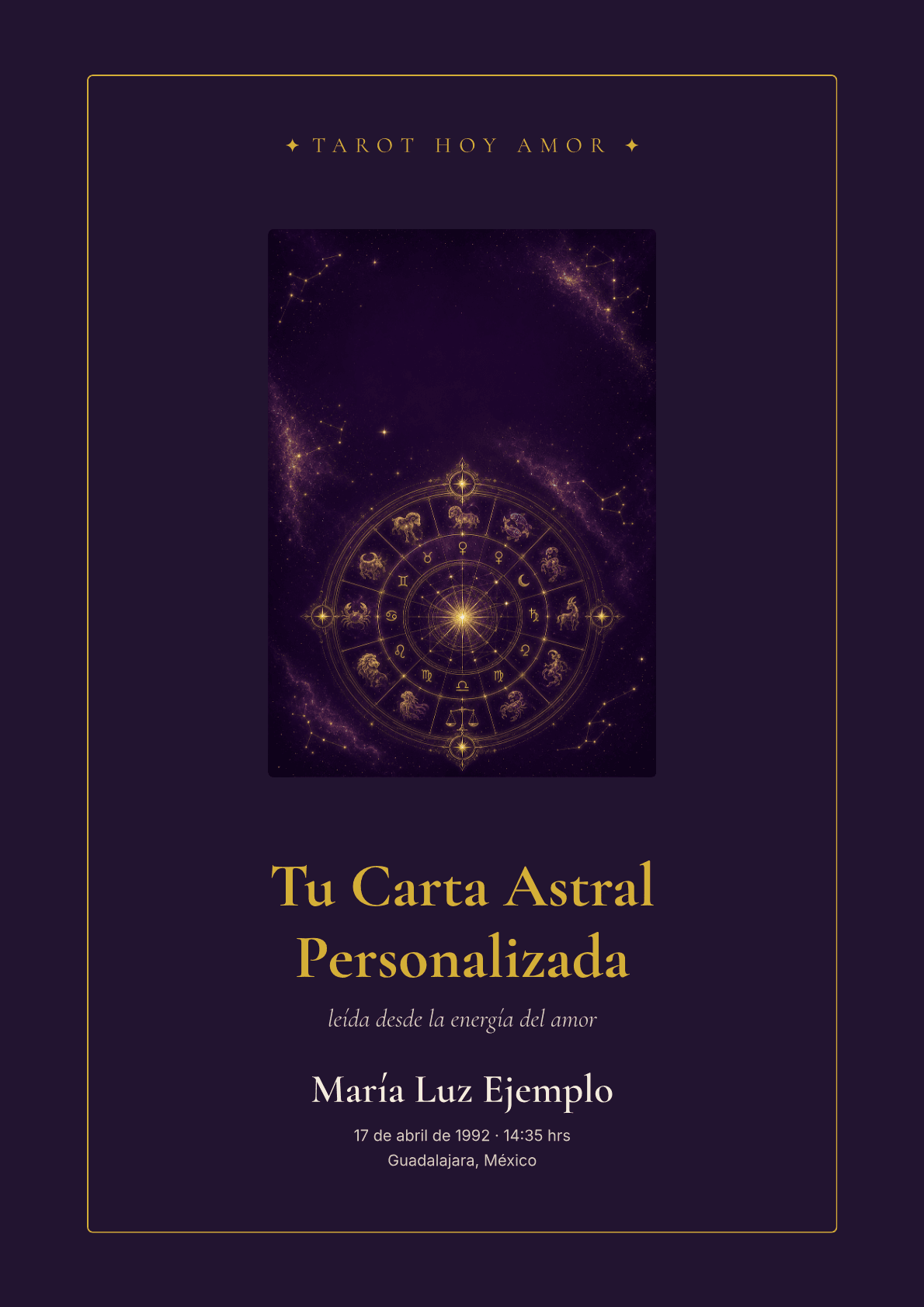 Página de muestra de la carta — La portada, con tu nombre